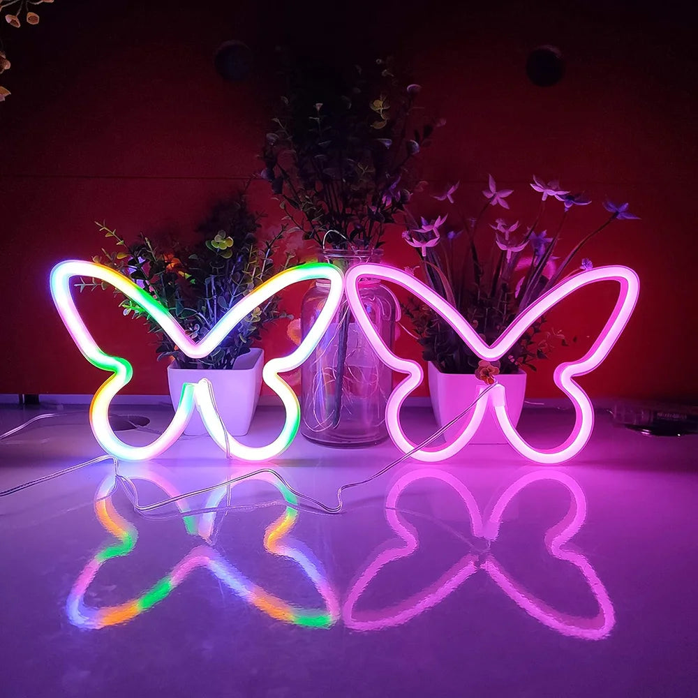 Butterfly Neon Sign USB/Battery Powered Cat LED Neon Light Skull Neon Lamp Wall Art Decor for Home Bedroom Birthday Gift Wedding - Cosmic Twink