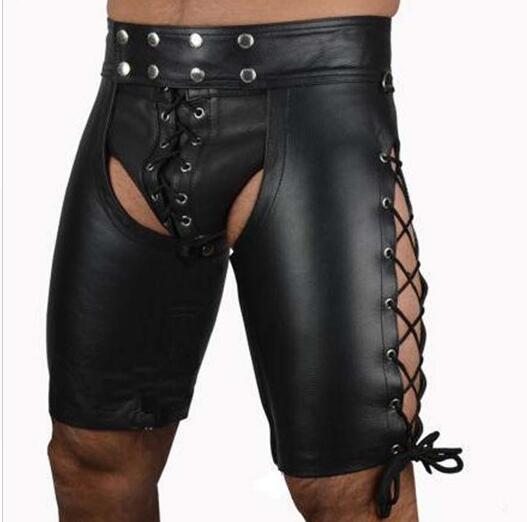 2022 Sexy Lingerie Gay Men Faux Leather Lace Up Pants New Hot Black Mens Latex PVC Bondage Open Cortch Shorts Gothic Fetish - Cosmic Twink