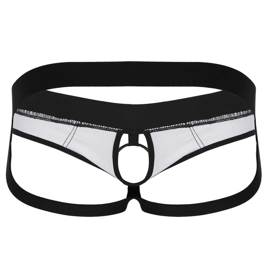 Sexy Gay Men Bikini G-string Underwear with Metal O-Ring Lingerie Faux Leather Panties Open Back Hollow Out Jockstrap Underpants