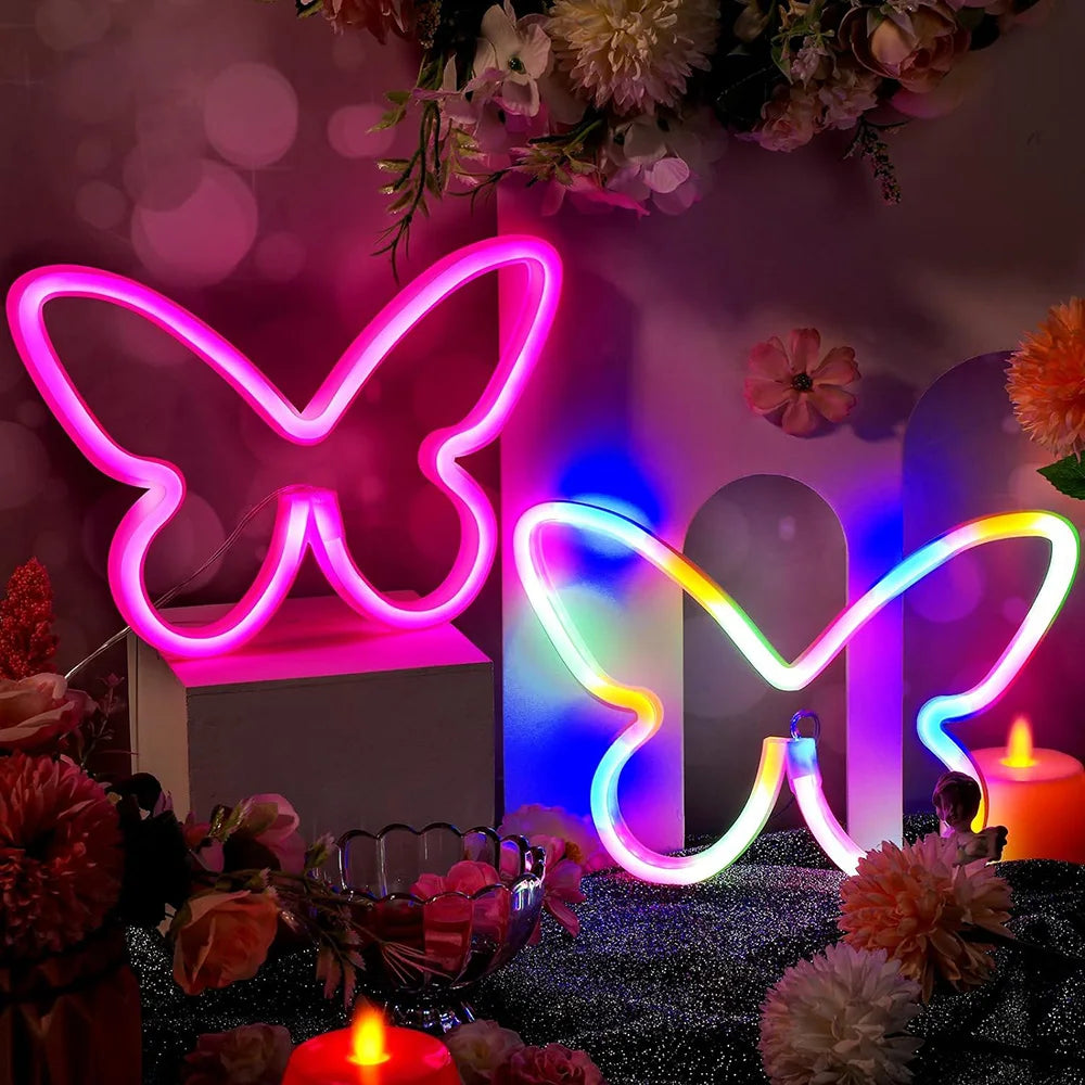 Butterfly Neon Sign USB/Battery Powered Cat LED Neon Light Skull Neon Lamp Wall Art Decor for Home Bedroom Birthday Gift Wedding - Cosmic Twink
