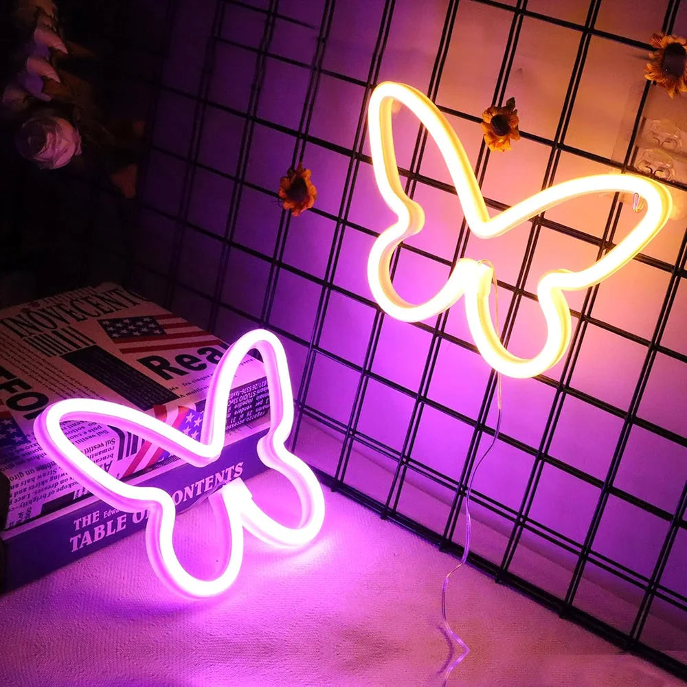 Butterfly Neon Sign USB/Battery Powered Cat LED Neon Light Skull Neon Lamp Wall Art Decor for Home Bedroom Birthday Gift Wedding - Cosmic Twink