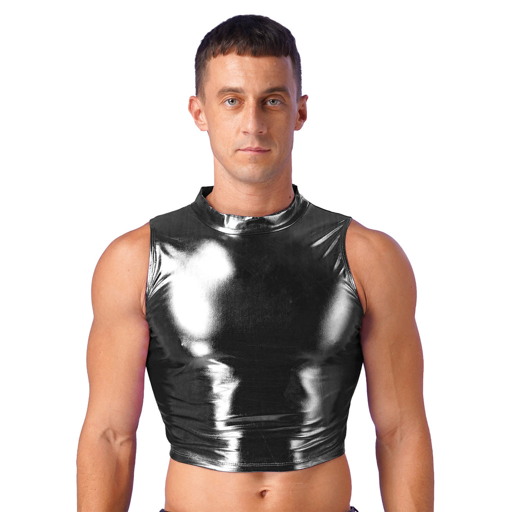 Men's Clothing Wet Look Faux Leather Vest Pole Dance Costume Metallic Mock Neck Crop Tank Top Gothic Punk Rave Party Clubwear - Cosmic Twink