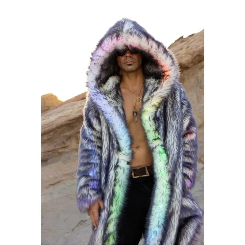 Carnival Party Rave Outfit LED Fur Coat Long Men Winter Warm Jacket Luxury Nightclub DJ Show Stage Performance Costume Halloween - Cosmic Twink