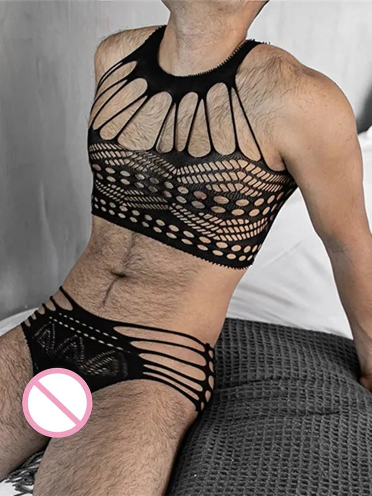 Adult Gay Couple Sex Clothing Elastic Underwear Set Fishnet Transparent Body Suits Sensual Sissy Jumpsuit Erotic Babydoll Tight