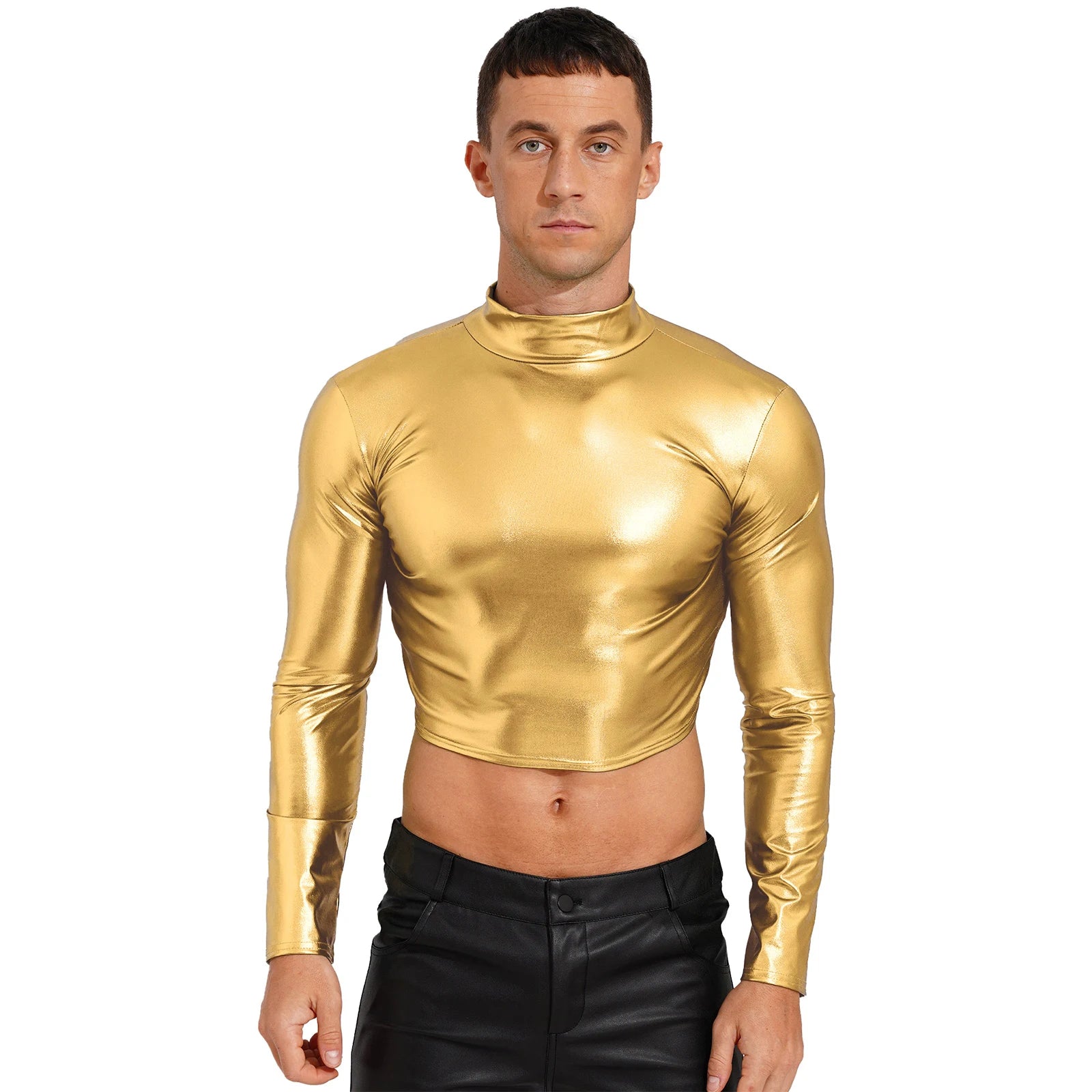 Men's Clothing Wet Look Faux Leather Vest Pole Dance Costume Metallic Mock Neck Crop Tank Top Gothic Punk Rave Party Clubwear - Cosmic Twink