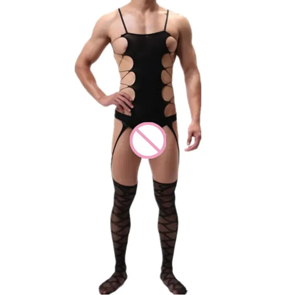 Husband Night Club Wear Male Nightwear Sissy Gay Fishnet Bodysuit O Neck One-piece Jumpsuit Male Porn Underwear Fashion Lingerie - Cosmic Twink