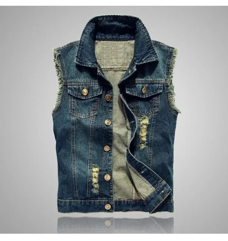 Summer Mens Ripped Denim Vest Male Tank Top Washed Jeans Waistcoat Man Retro Cowboy Hip Hop Sleeveless Jacket for Men - Cosmic Twink