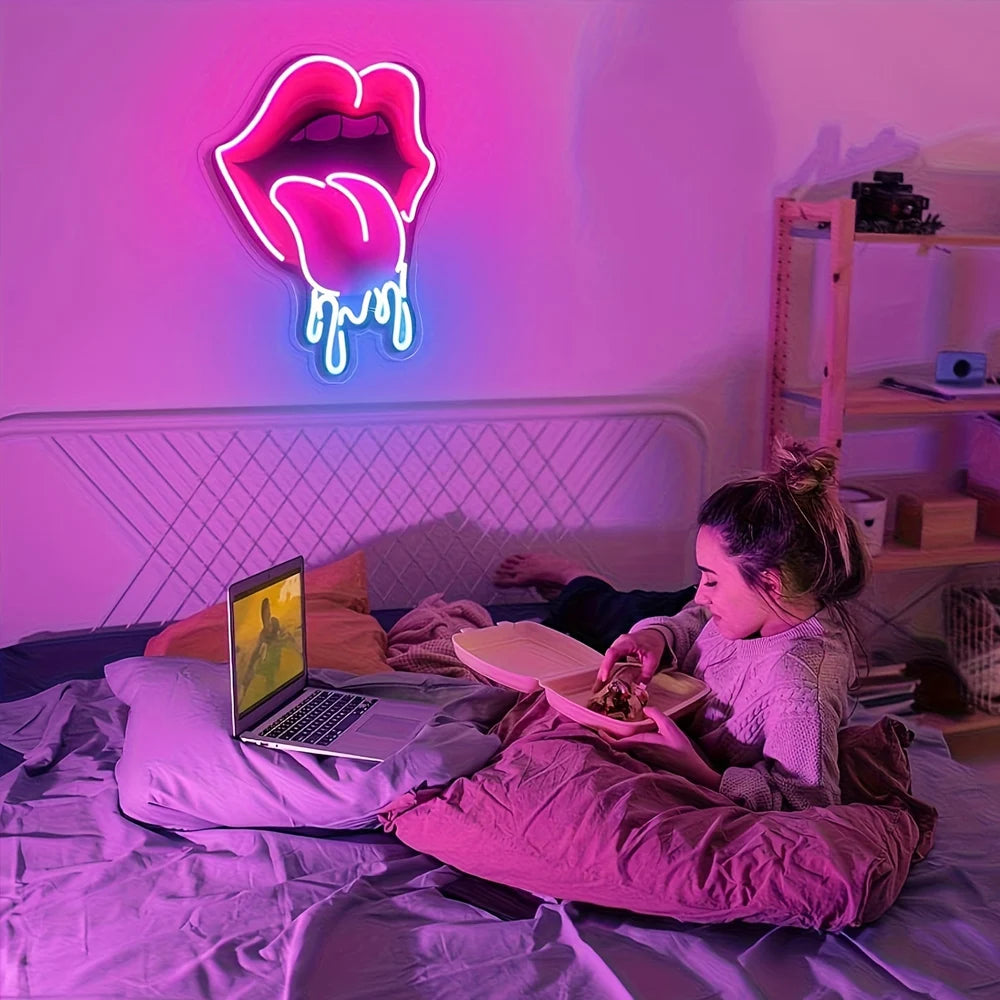 Playful Lips LED Neon Sign | USB-Powered Vibrant Wall Decor for Bar, Bedroom & Gaming Room | Non-Provocative Party Lighting for - Cosmic Twink