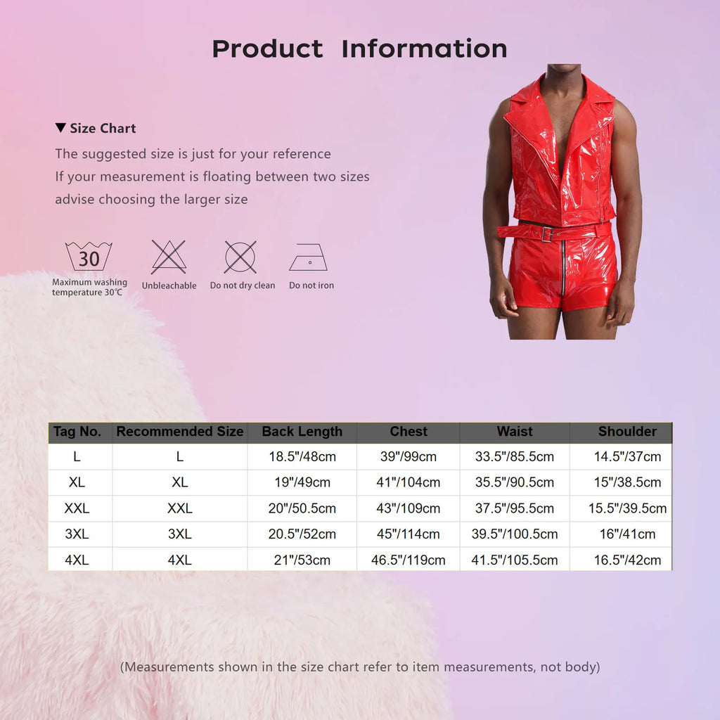 Men Pole Dancing Performance Outfit Wet Look Patent Leather Zipper Tank Top with Boxer Shorts Belt Rave Party Nightclub Clubwear - Cosmic Twink
