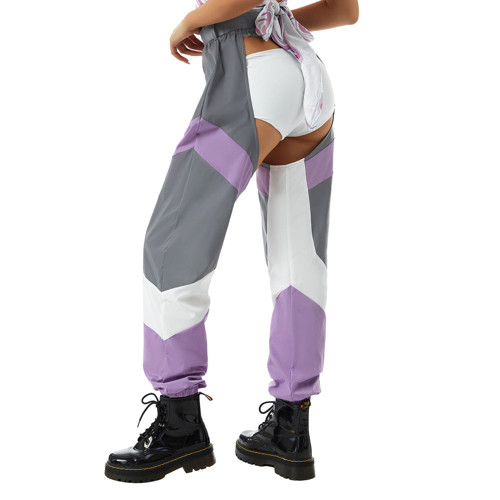 Women's Rave Chaps Ladies Sexy Hollow Out Patchwork/ Solid Loose Fit Buckle Trousers for Club Wear Bottomless Festival Pants - Cosmic Twink