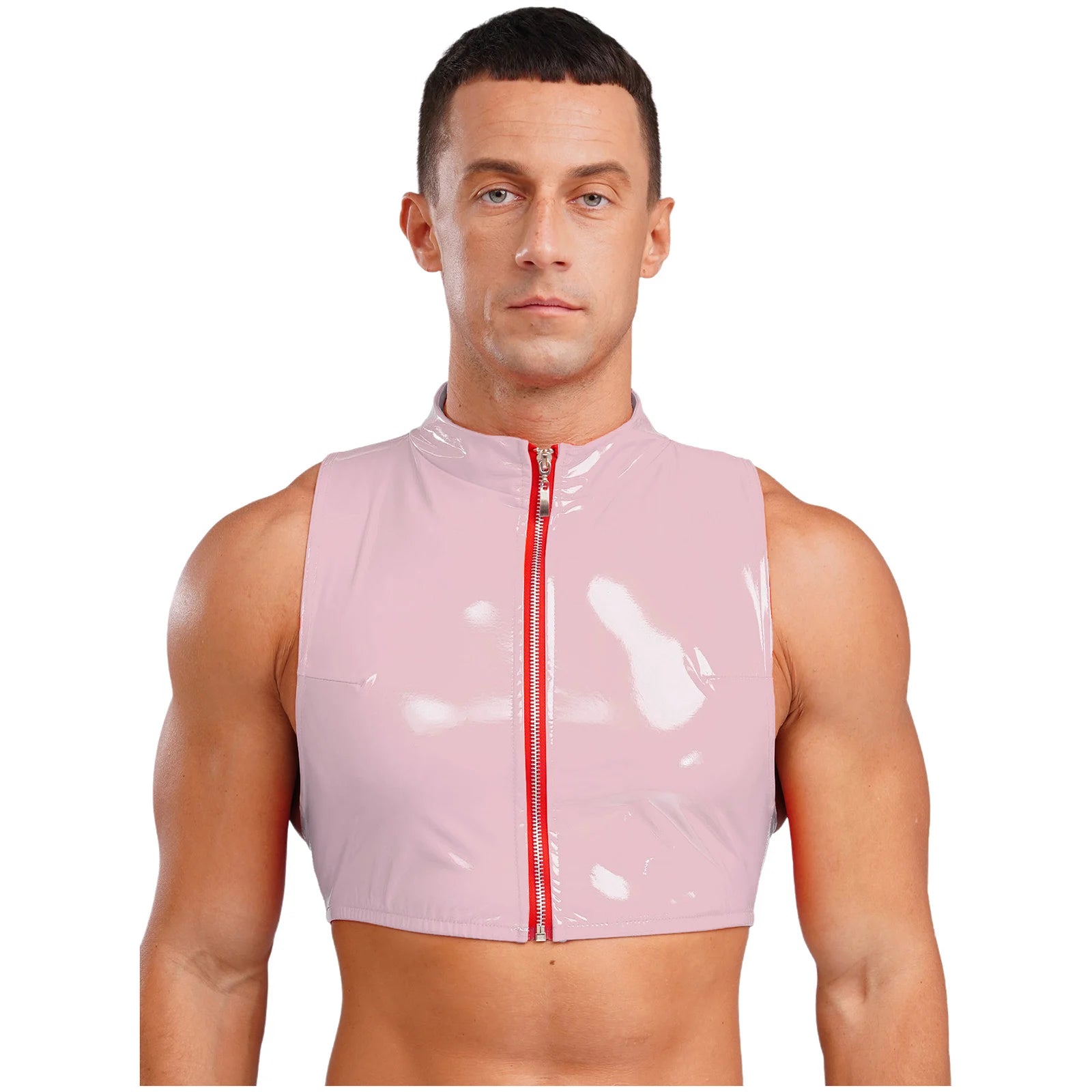 Men Wet Look Patent Leather Crop Tops Vest Sleeveless Zipper Tanks Top Camisole Nightclub Rave Party Dancing Clubwear Streetwear - Cosmic Twink