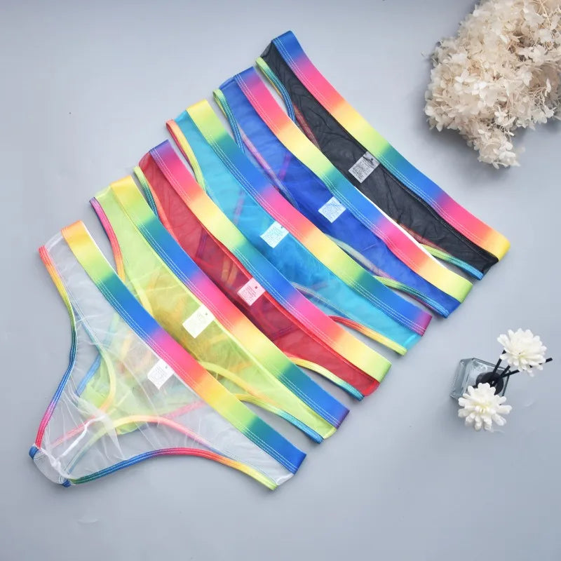 Men's Transparent Mesh G-String T-Back Thong  Rainbow Low Rise Underwear Gay Sexy Breathable Sheer Underpant Naughty Lingerie - Cosmic Twink