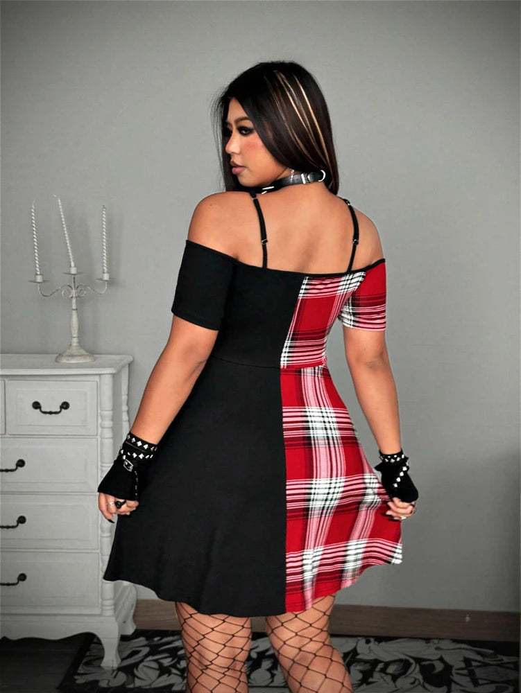 Plus Size Rave Coachella Women's Casual Punk Black and Red Plaid Clashing One Shoulder V-Neck Waisted A-Swing Dress - Cosmic Twink