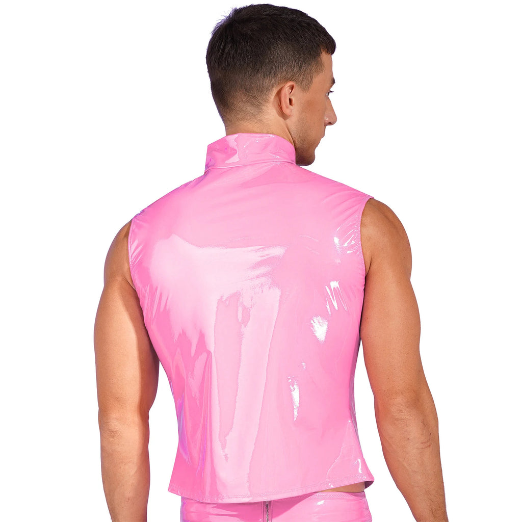 Men Wet Look Patent Leather Jacket Vest Tops Sleeveless Stand Collar Zipper Punk Tank Top Nightclub Festival Rave Party Clubwear - Cosmic Twink