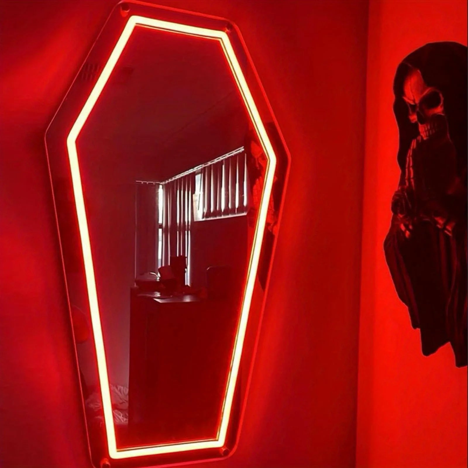 Mirror neon lights in the coffin. USB powered with dimmable switches for bedroom, studio and holiday party arrangements. - Cosmic Twink