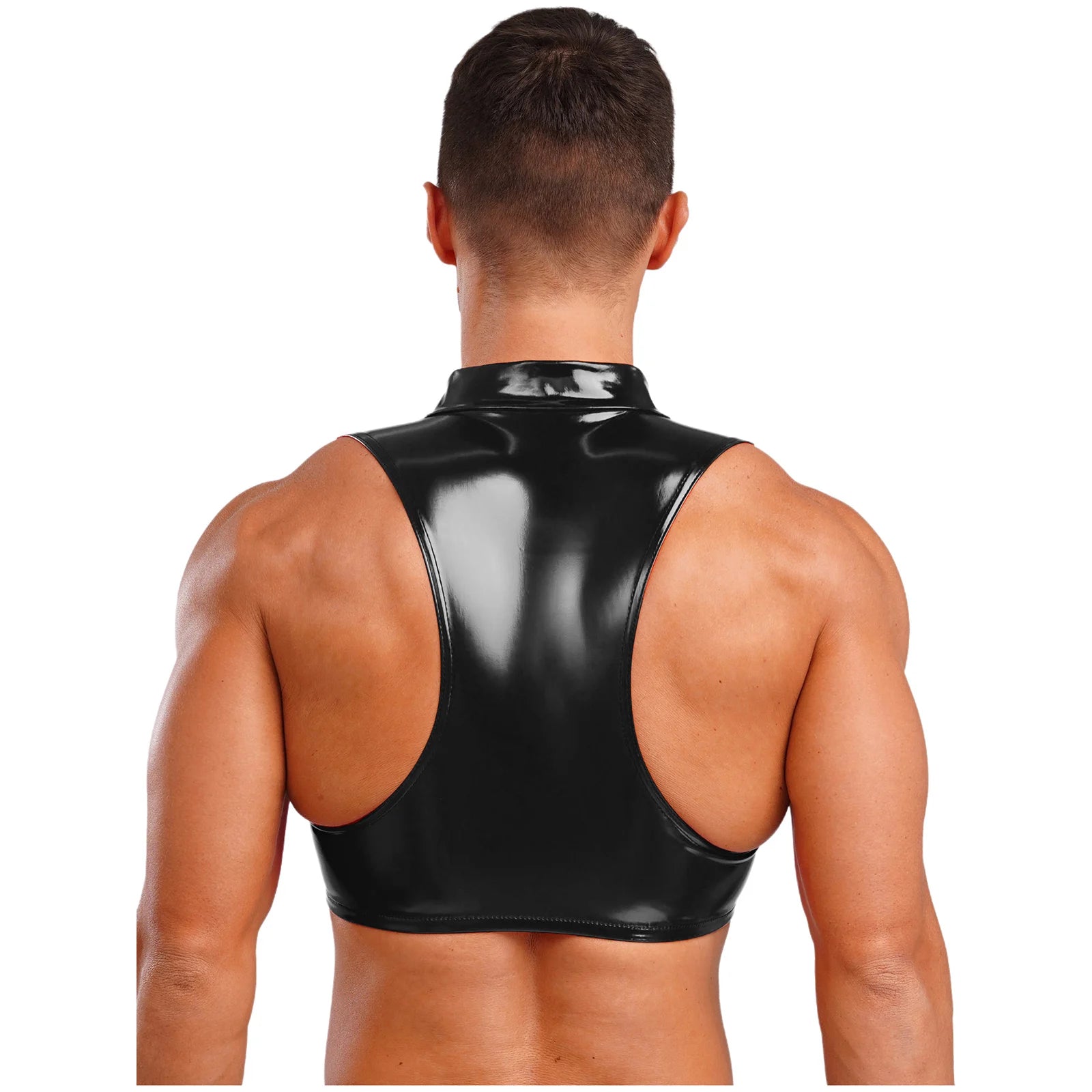 Men Wet Look Patent Leather Crop Tops Vest Sleeveless Zipper Tanks Top Camisole Nightclub Rave Party Dancing Clubwear Streetwear - Cosmic Twink