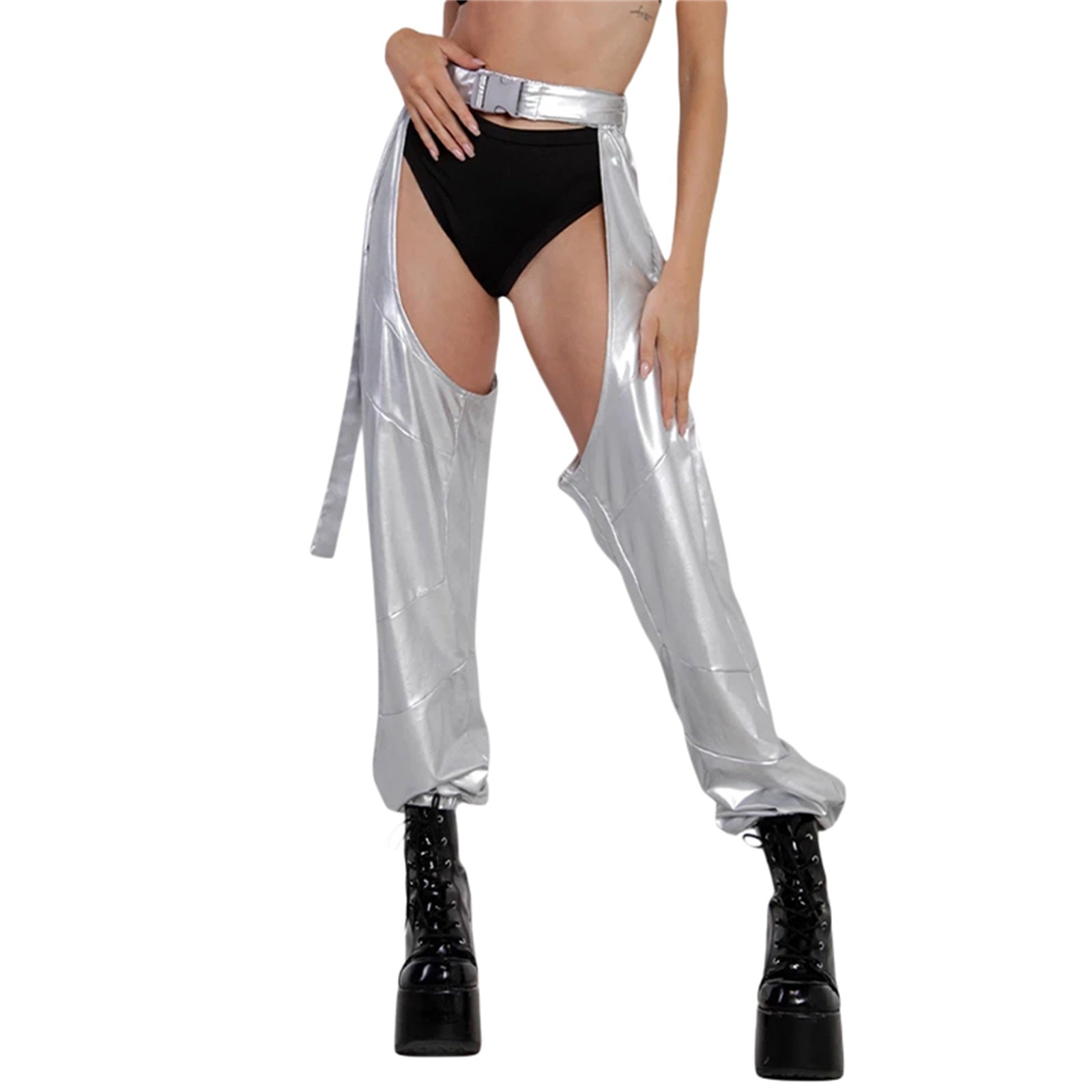 Women's Rave Chaps Ladies Sexy Hollow Out Patchwork/ Solid Loose Fit Buckle Trousers for Club Wear Bottomless Festival Pants - Cosmic Twink