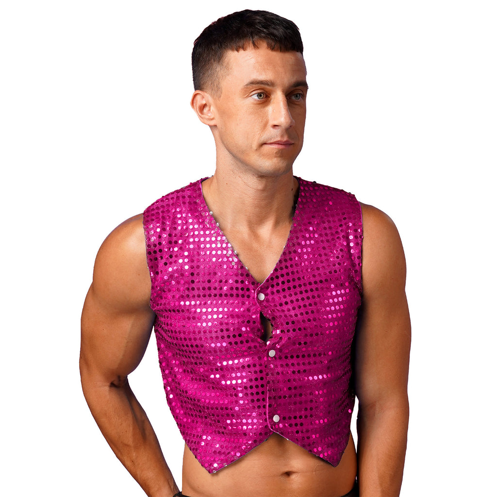 Mens Shiny Sequined Vest Tops V Neck Disco Irregular Hem Waistcoat Hiphop Jazz Dance Festival Rave Outfits Performance Costume - Cosmic Twink