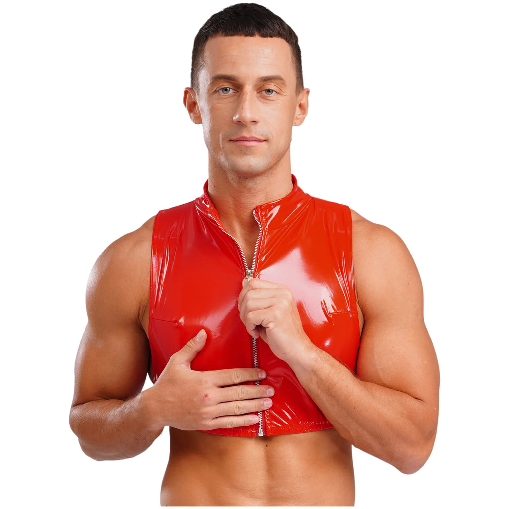 Men Wet Look Patent Leather Crop Tops Vest Sleeveless Zipper Tanks Top Camisole Nightclub Rave Party Dancing Clubwear Streetwear - Cosmic Twink