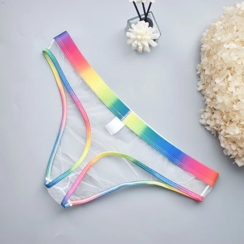 Men's Transparent Mesh G-String T-Back Thong  Rainbow Low Rise Underwear Gay Sexy Breathable Sheer Underpant Naughty Lingerie - Cosmic Twink