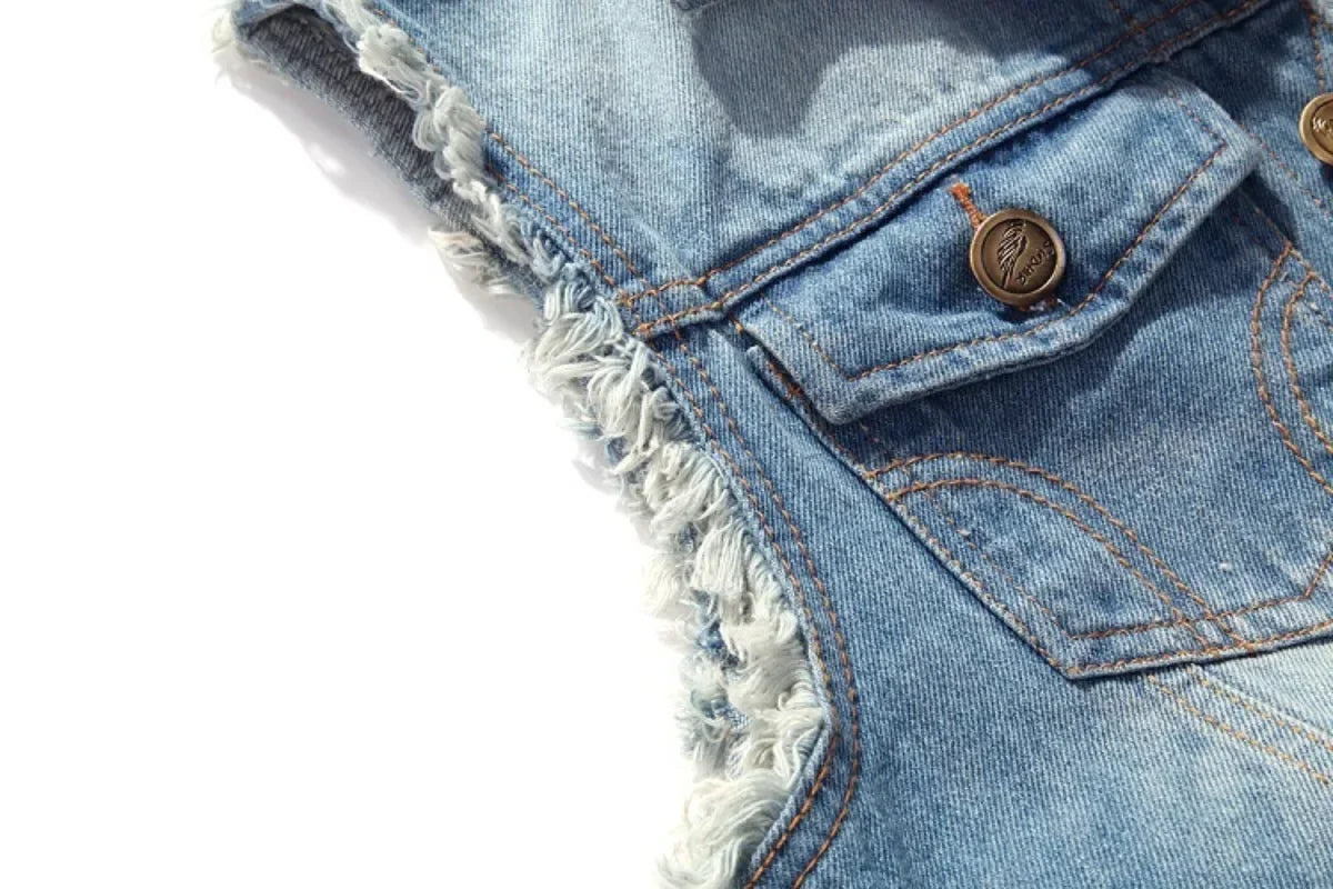 Summer Mens Ripped Denim Vest Male Tank Top Washed Jeans Waistcoat Man Retro Cowboy Hip Hop Sleeveless Jacket for Men - Cosmic Twink