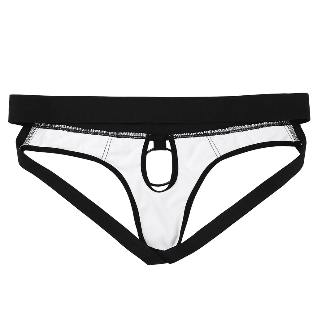 Sexy Gay Men Bikini G-string Underwear with Metal O-Ring Lingerie Faux Leather Panties Open Back Hollow Out Jockstrap Underpants