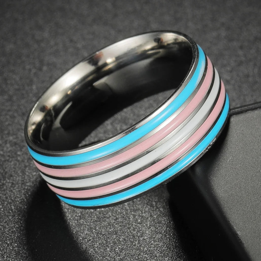 8MM Multicolor Rainbow Ring For Women Men LGBT Lebian Gay Jewelry Titanium Steel Wedding Engagement Rings Gifts Accessory - Cosmic Twink