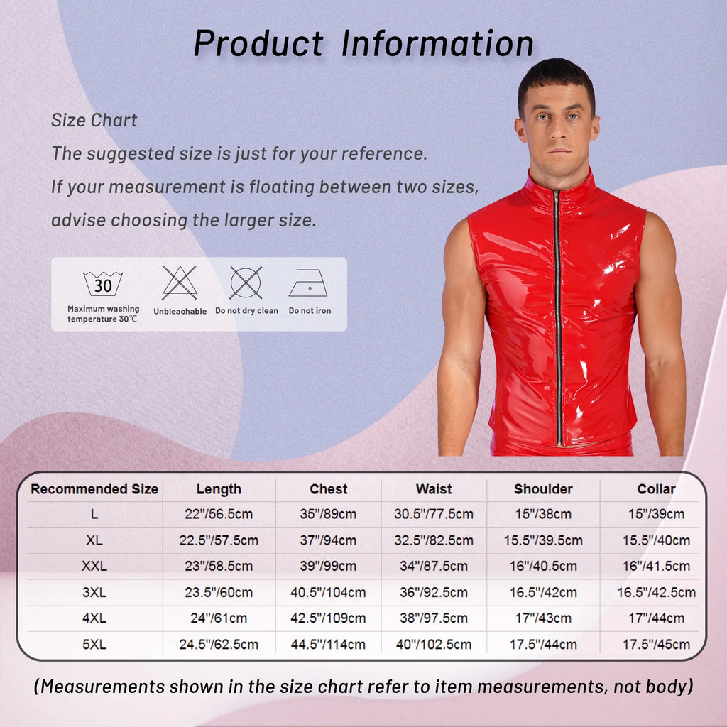 Men Wet Look Patent Leather Jacket Vest Tops Sleeveless Stand Collar Zipper Punk Tank Top Nightclub Festival Rave Party Clubwear - Cosmic Twink