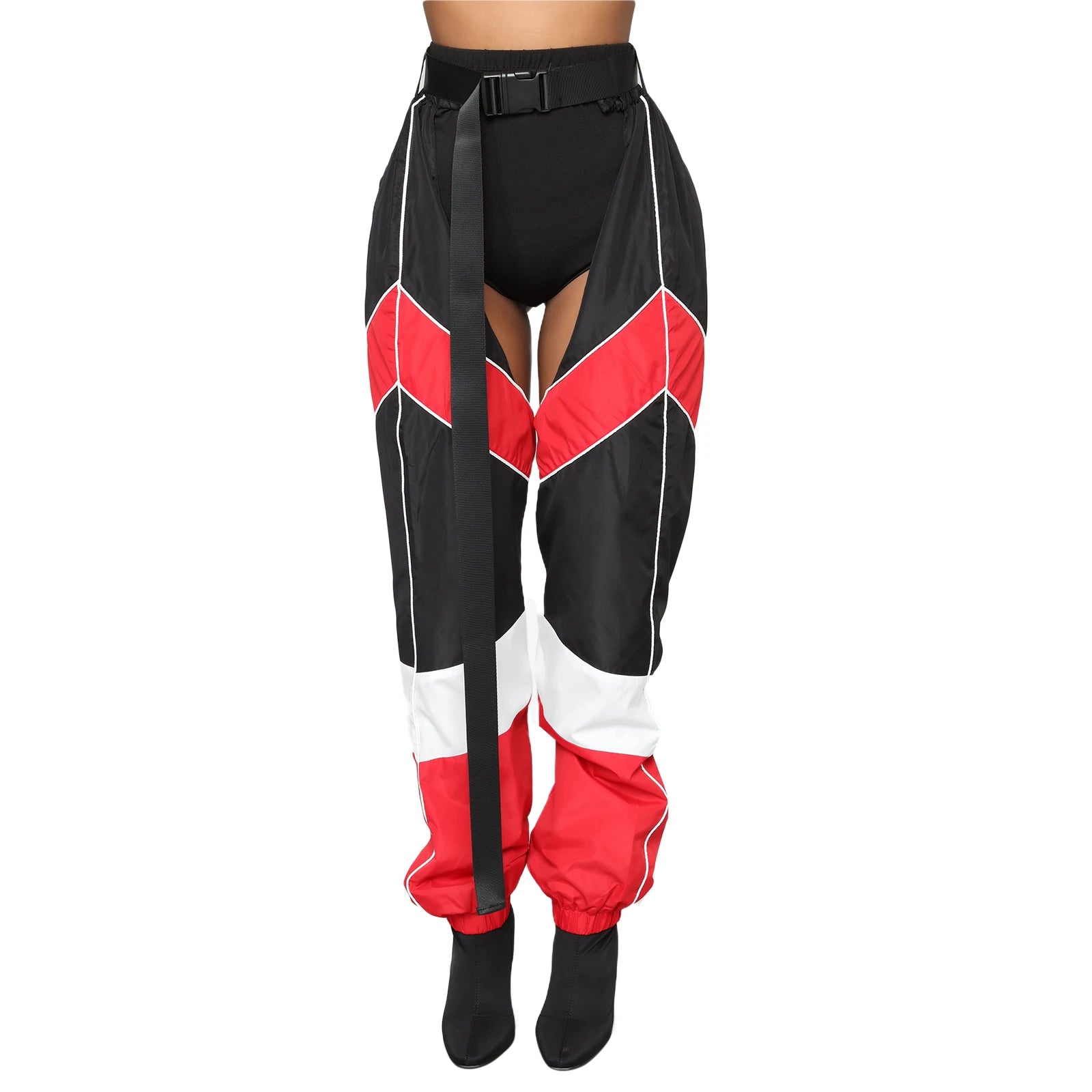 Women's Rave Chaps Ladies Sexy Hollow Out Patchwork/ Solid Loose Fit Buckle Trousers for Club Wear Bottomless Festival Pants - Cosmic Twink