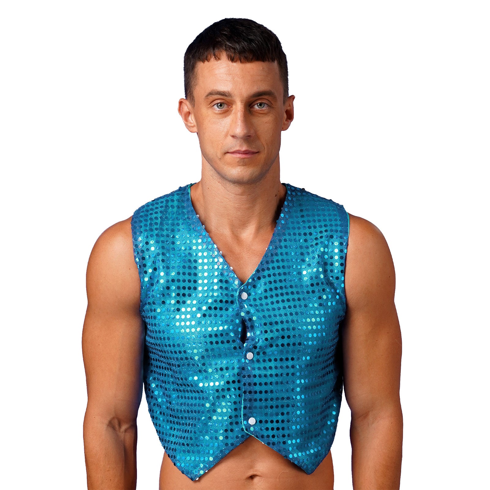 Mens Shiny Sequined Vest Tops V Neck Disco Irregular Hem Waistcoat Hiphop Jazz Dance Festival Rave Outfits Performance Costume - Cosmic Twink