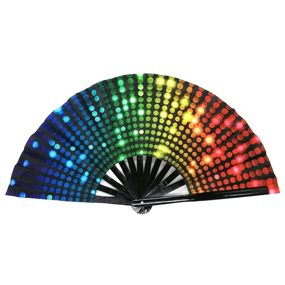 Large Folding Hand Fan Bling Bling Hand Rave Fan Rainbow Print Bamboo Oxford Cloth Pride Festival Handheld Fan For Party Gift - Cosmic Twink