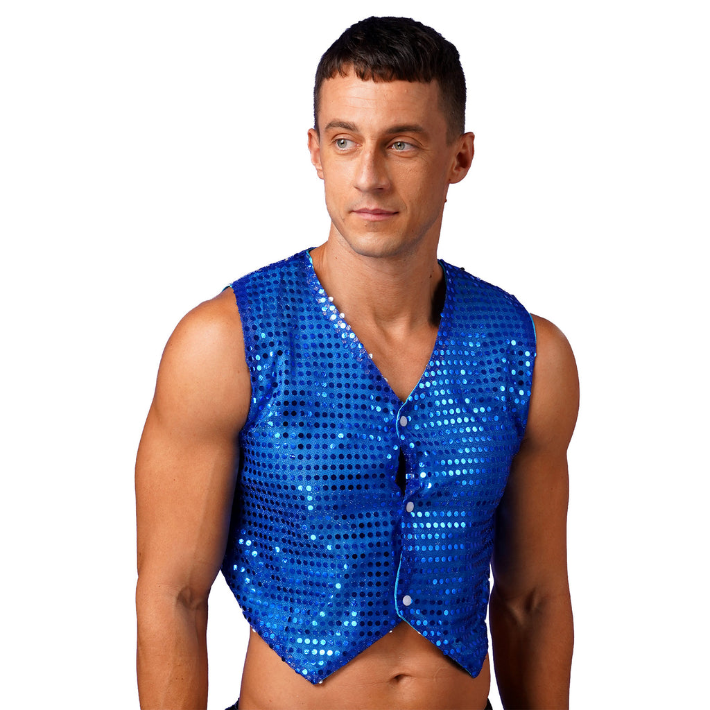 Mens Shiny Sequined Vest Tops V Neck Disco Irregular Hem Waistcoat Hiphop Jazz Dance Festival Rave Outfits Performance Costume - Cosmic Twink