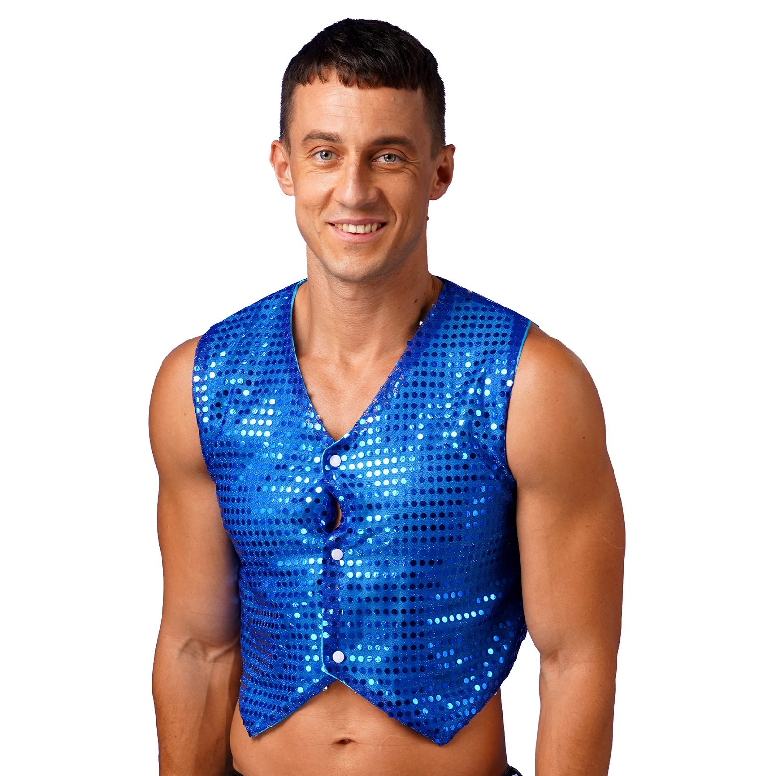Mens Shiny Sequined Vest Tops V Neck Disco Irregular Hem Waistcoat Hiphop Jazz Dance Festival Rave Outfits Performance Costume - Cosmic Twink