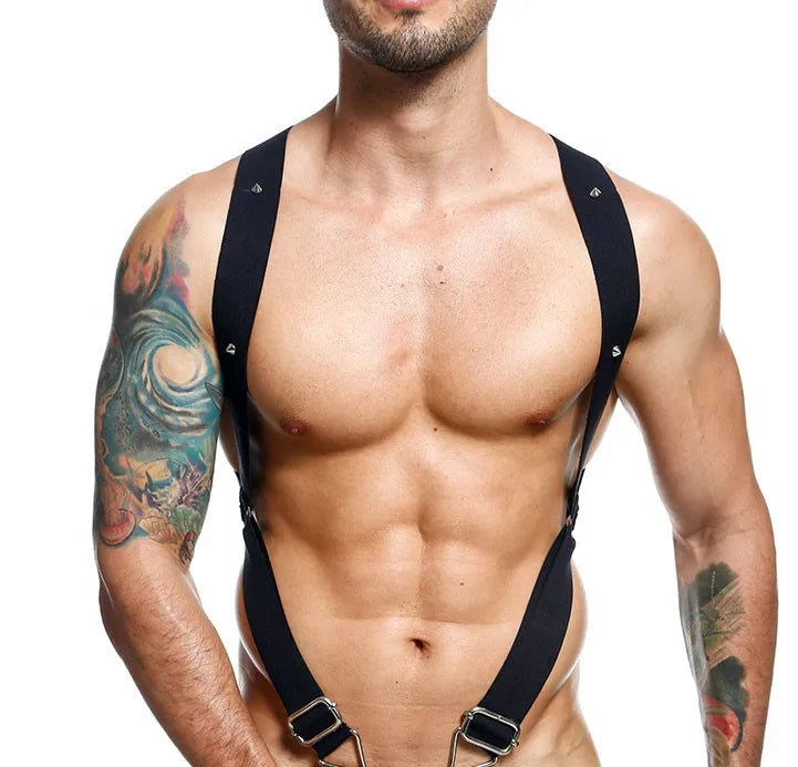 Hot Underwear Man Sexual Body Chest jumpsuit rings Harness Belt Strap Punk Rivet Rave Costumes Harness Men elastic metal thong - Cosmic Twink