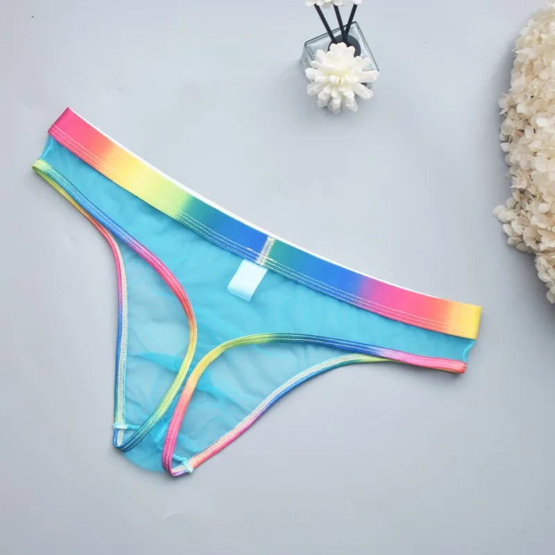Men's Transparent Mesh G-String T-Back Thong  Rainbow Low Rise Underwear Gay Sexy Breathable Sheer Underpant Naughty Lingerie - Cosmic Twink