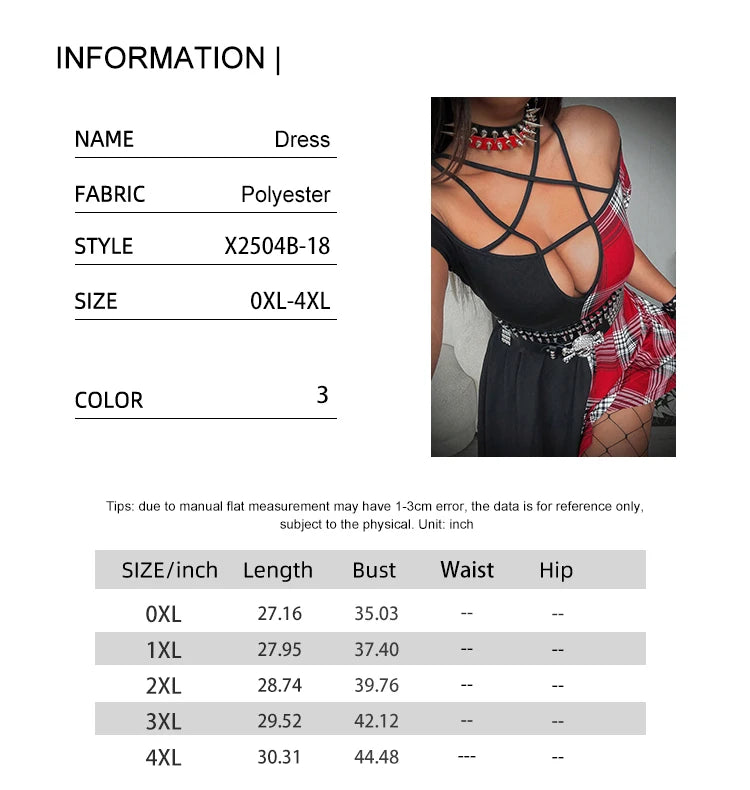 Plus Size Rave Coachella Women's Casual Punk Black and Red Plaid Clashing One Shoulder V-Neck Waisted A-Swing Dress - Cosmic Twink