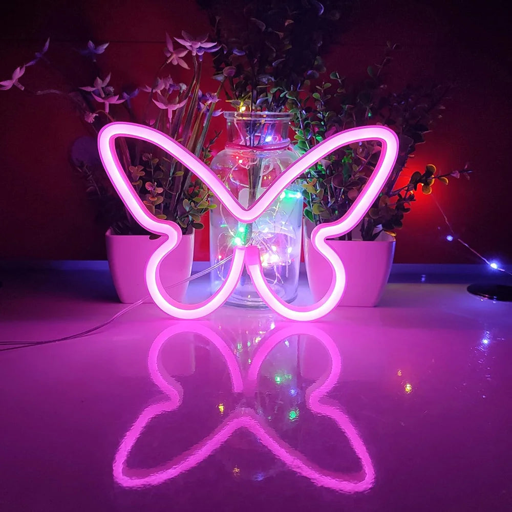 Butterfly Neon Sign USB/Battery Powered Cat LED Neon Light Skull Neon Lamp Wall Art Decor for Home Bedroom Birthday Gift Wedding - Cosmic Twink