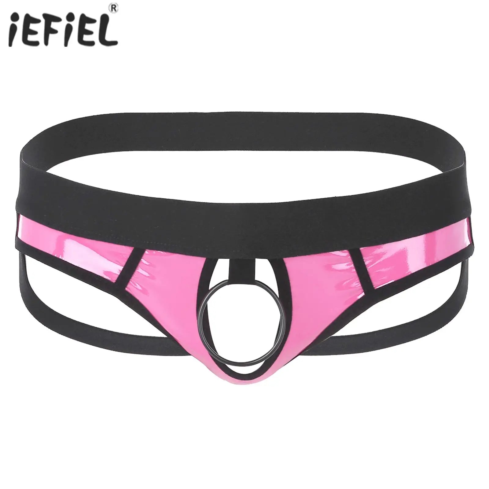 Sexy Gay Men Bikini G-string Underwear with Metal O-Ring Lingerie Faux Leather Panties Open Back Hollow Out Jockstrap Underpants