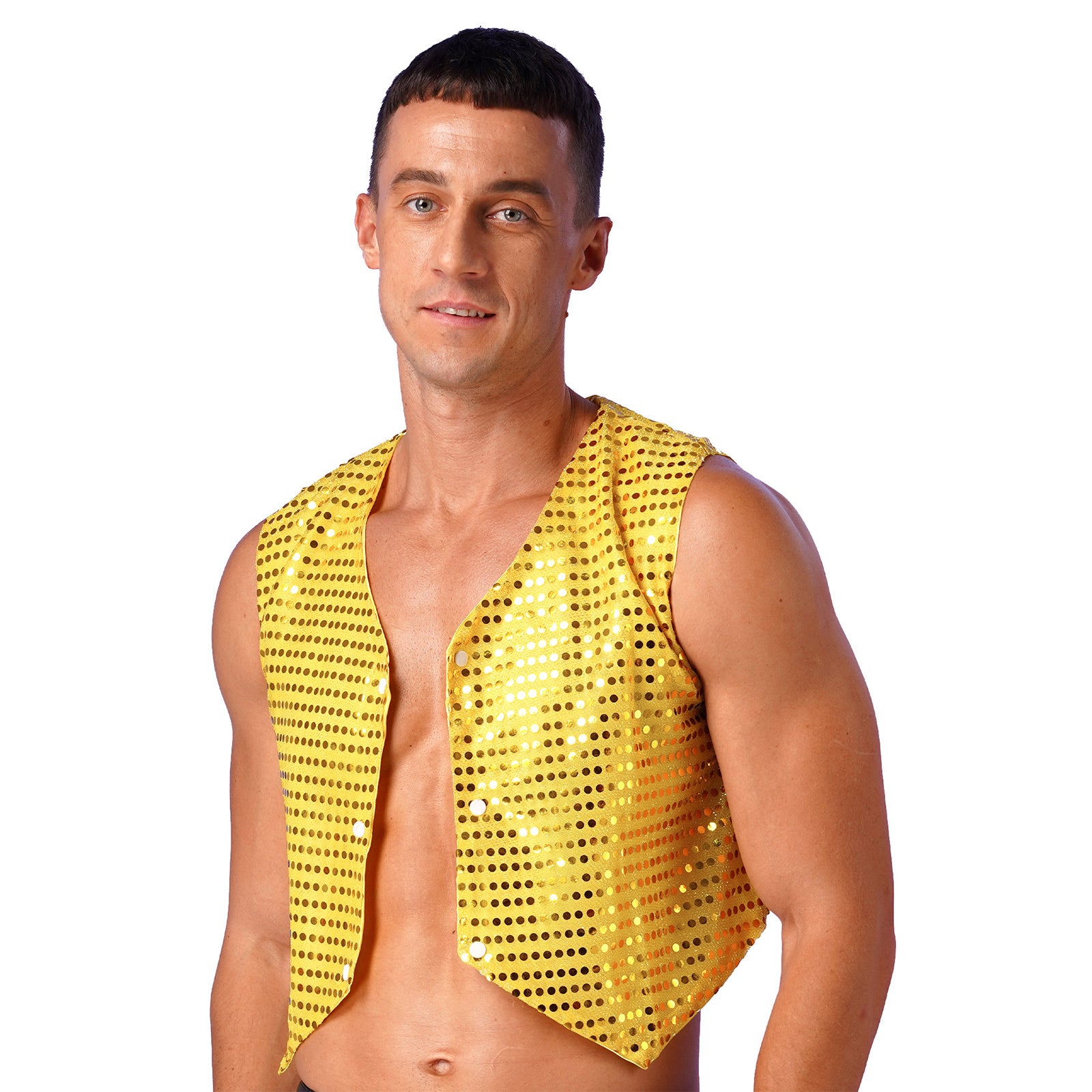 Mens Shiny Sequined Vest Tops V Neck Disco Irregular Hem Waistcoat Hiphop Jazz Dance Festival Rave Outfits Performance Costume - Cosmic Twink