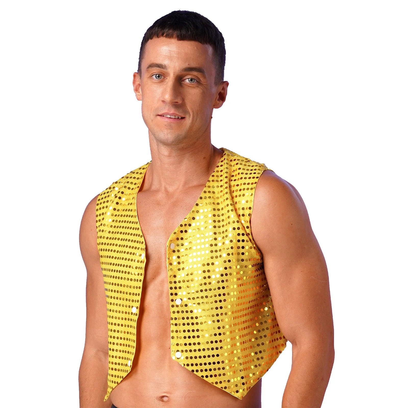 Mens Shiny Sequined Vest Tops V Neck Disco Irregular Hem Waistcoat Hiphop Jazz Dance Festival Rave Outfits Performance Costume - Cosmic Twink