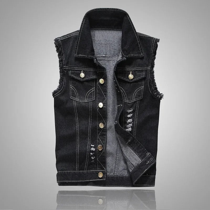 Summer Mens Ripped Denim Vest Male Tank Top Washed Jeans Waistcoat Man Retro Cowboy Hip Hop Sleeveless Jacket for Men - Cosmic Twink