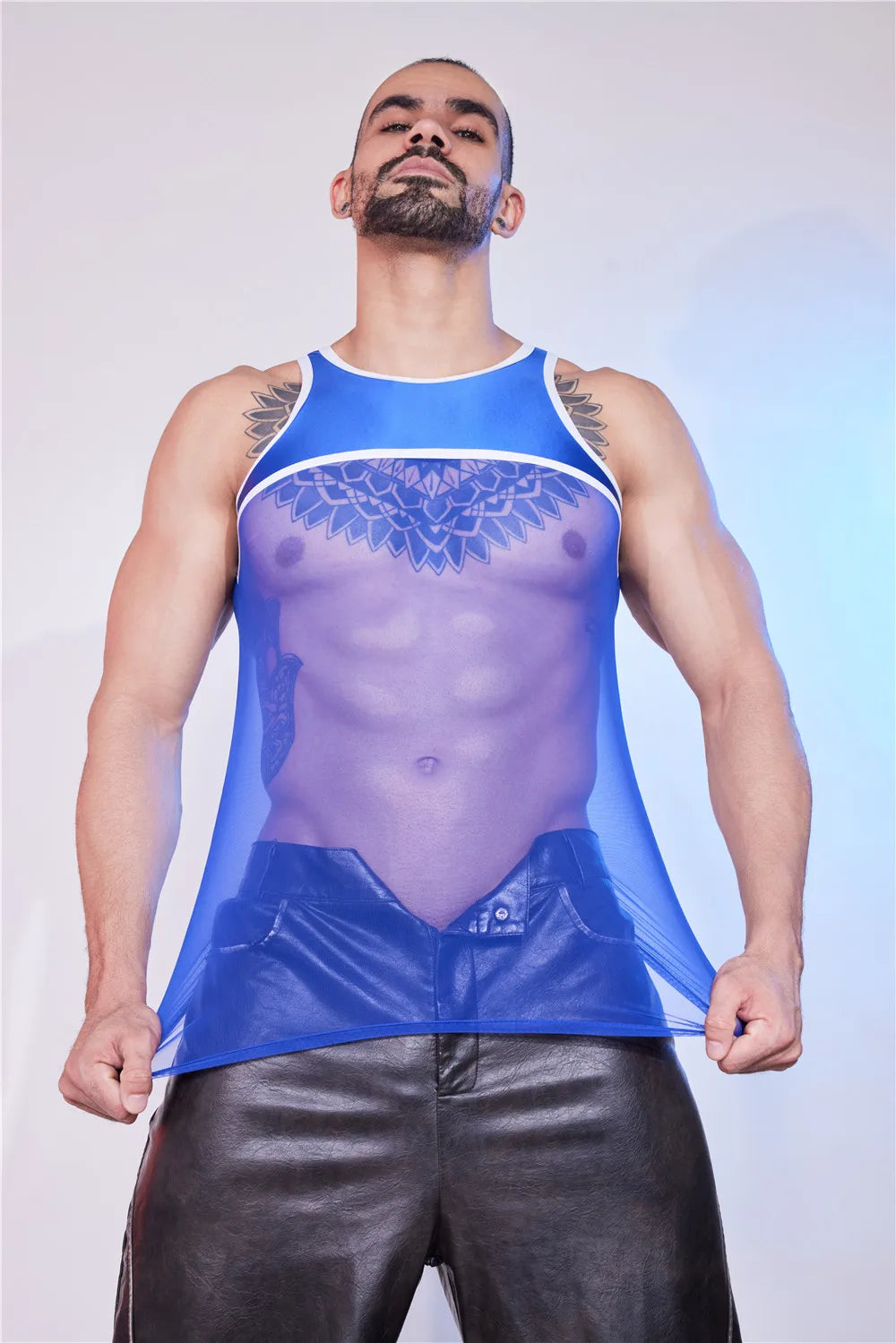 Sexy Men Patchwork Tank Top Oil Glossy Shiny Vest Mesh Sheer See Through Thong Maid Tights Elastic Shaper Top T-shirt - Cosmic Twink