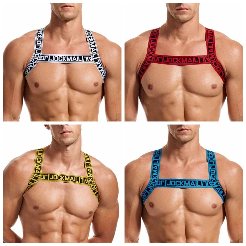JOCKMAIL Letter Harness Men Sexy Shoulder Straps Chest Bondage Muscle Halter Belt Club Party Hollow Costume Gay Men Bodysuite - Cosmic Twink