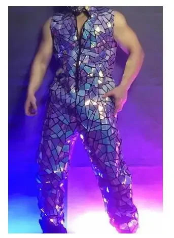 Costume men Dancer Team Street Dance Stage Performance Clothes Laser Mirror Rompers Costume Club Bar Sequins Jumpsuit Hip Hop - Cosmic Twink