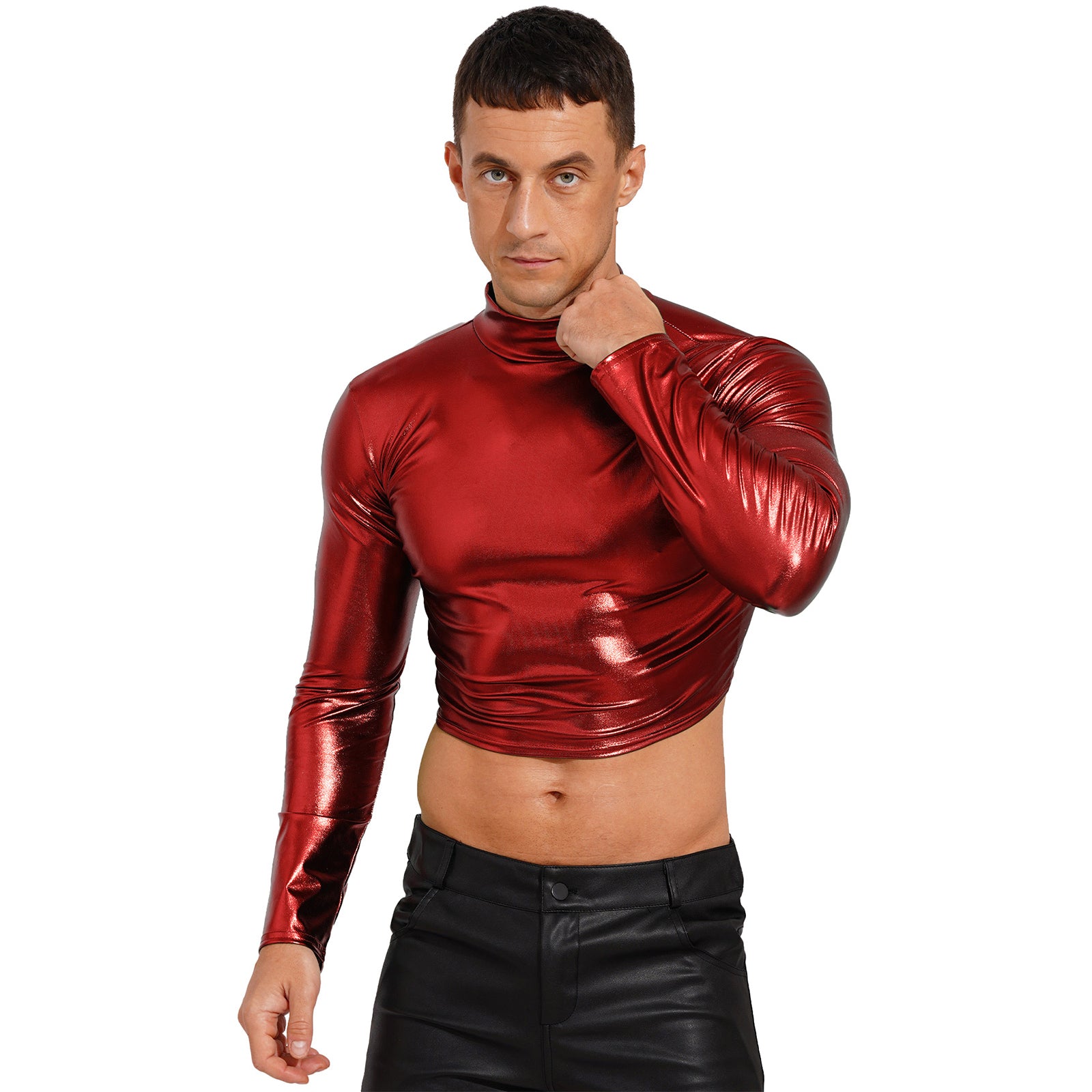 Men's Clothing Wet Look Faux Leather Vest Pole Dance Costume Metallic Mock Neck Crop Tank Top Gothic Punk Rave Party Clubwear - Cosmic Twink