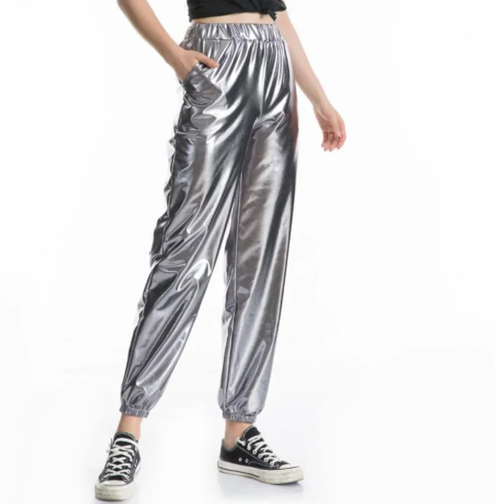 Women Shiny Rave Pants Loose Holographic Clothes Silver Pants Dance Wetlook Hip Hop Punk Pants Sweatpants Streetwear Joggers - Cosmic Twink