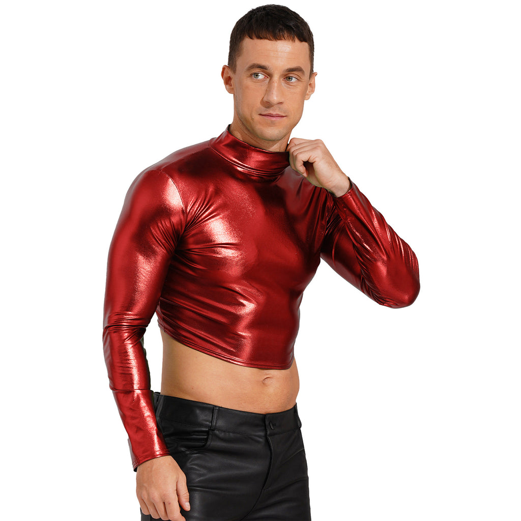 Men's Clothing Wet Look Faux Leather Vest Pole Dance Costume Metallic Mock Neck Crop Tank Top Gothic Punk Rave Party Clubwear - Cosmic Twink