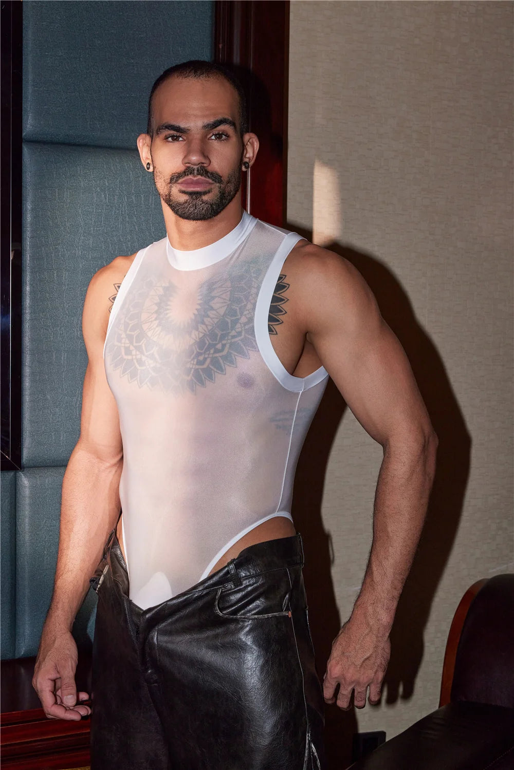 Sexy Men Unisex High Cut Bodysuit Oil Glossy Shiny Vets Sheer See Through Thong Maid Tights Elastic Tank Top Leotard - Cosmic Twink