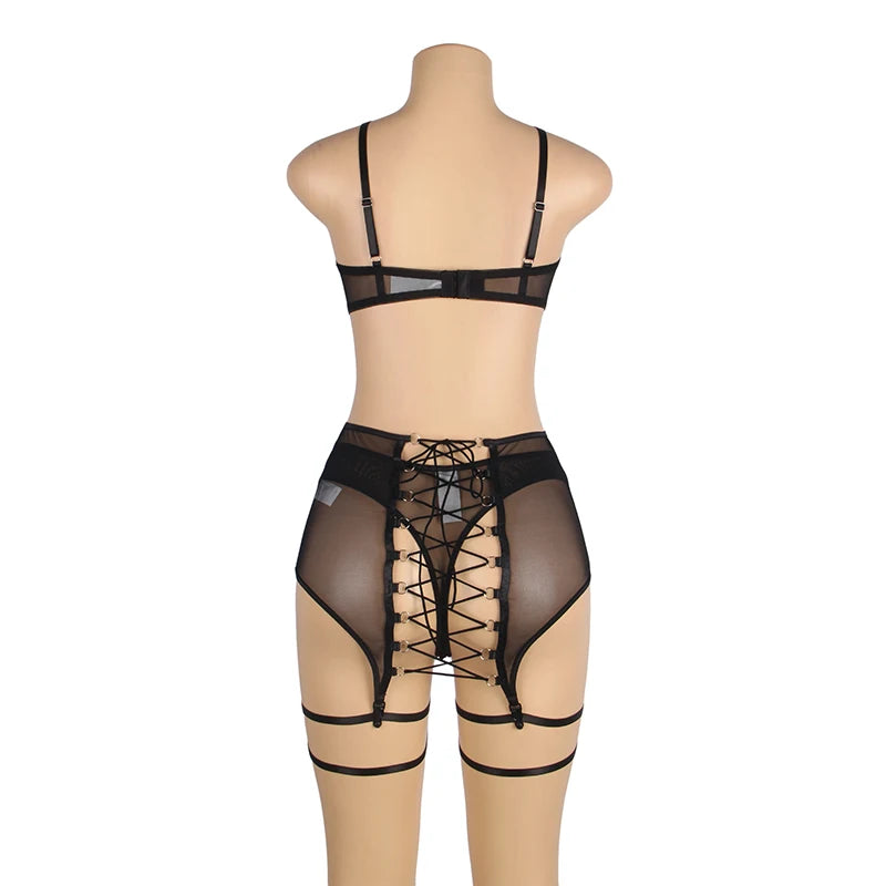 Plus Size Sensual Lingere Exotic Bandage Bra Garter Briefs Sets Transparent Intimate Hard Woman Luxury Fancy Underwear Bra Set - Cosmic Twink