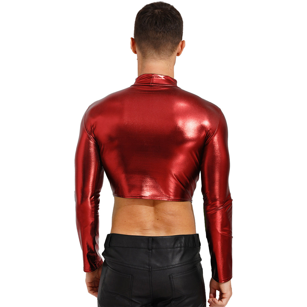 Men's Clothing Wet Look Faux Leather Vest Pole Dance Costume Metallic Mock Neck Crop Tank Top Gothic Punk Rave Party Clubwear - Cosmic Twink